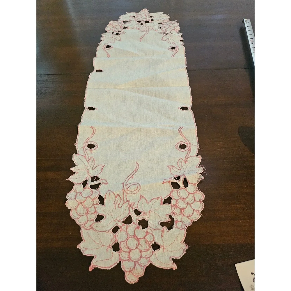 Table Runner 36in Cream Pink Grape Vine Embroidered Cutwork
